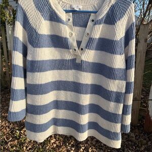 J. Jill Blue and White Striped Henley Sweater